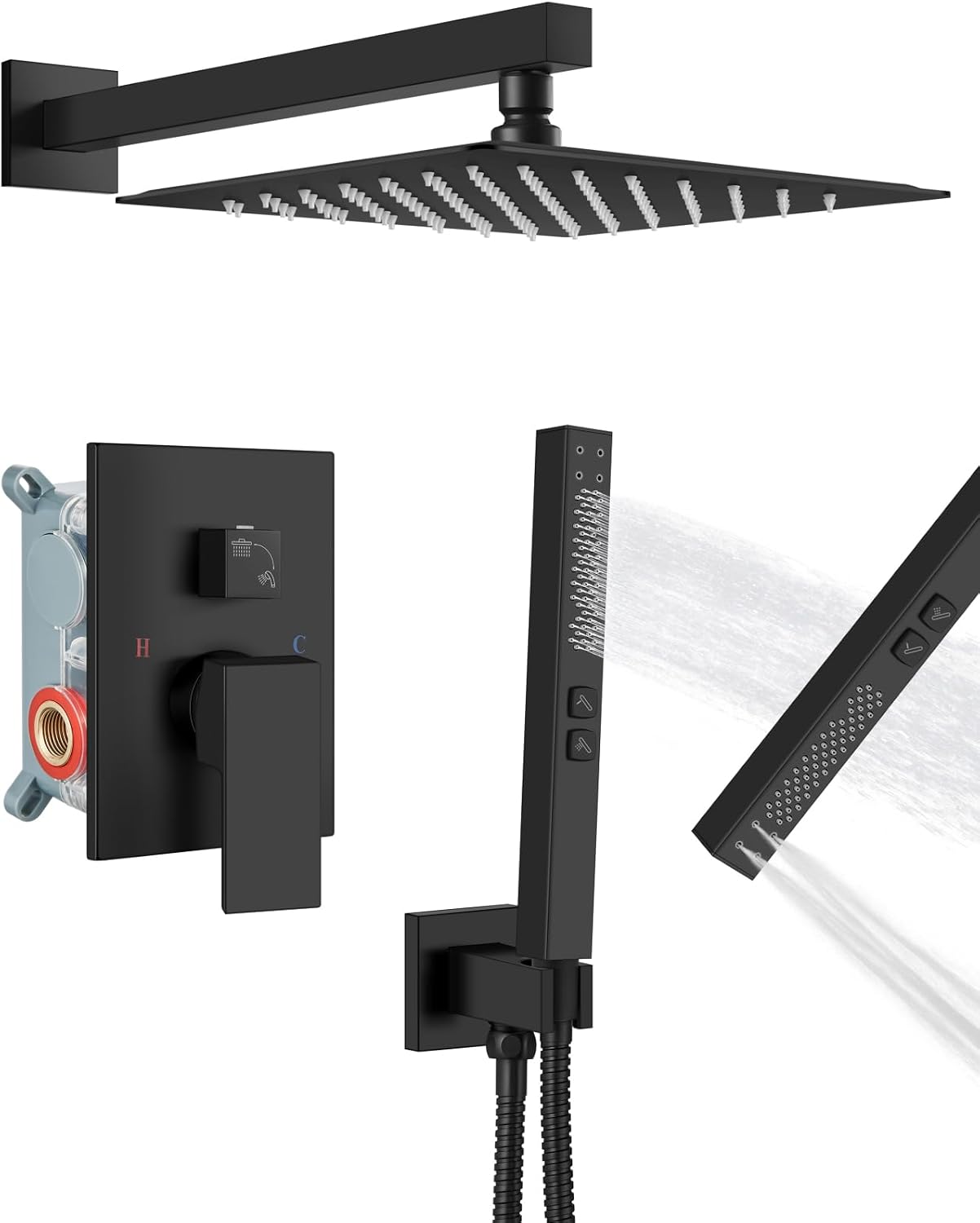Shower Faucet Set Rainfall Shower System with Square Showerhead and Handle Set Fixture with 2 in 1 Function Handheld Sprayer Wall Mounted Trim Repair Kit Rough-in Valve 10 Inch Matte Black