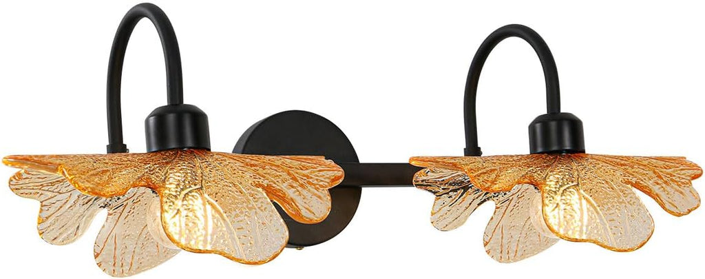 2 Light Bathroom Lighting Fixtures Amber Glass Shade, Easy Install | Wall Light, Sconce, Vanity Light, Glass Petals, Matte Black, Guest Bathroom, Vintage, 23.23', E26 Base, Bedroom, Living Room