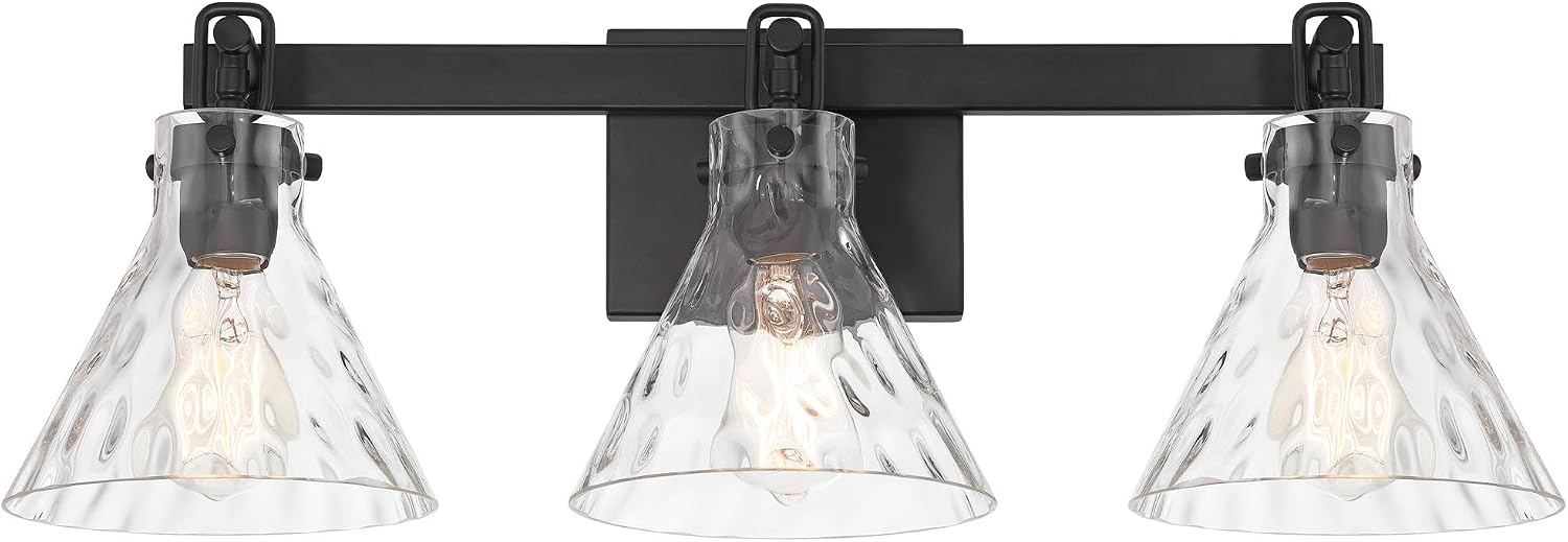 Possini Euro Design Ishii 26' High Modern 3 Light Bathroom Vanity Wall Lamp Light Fixture Mount Over The Sink Mirror Hardwired Cordless Matte Black Clear Glass Shade Indoor Entry-Way