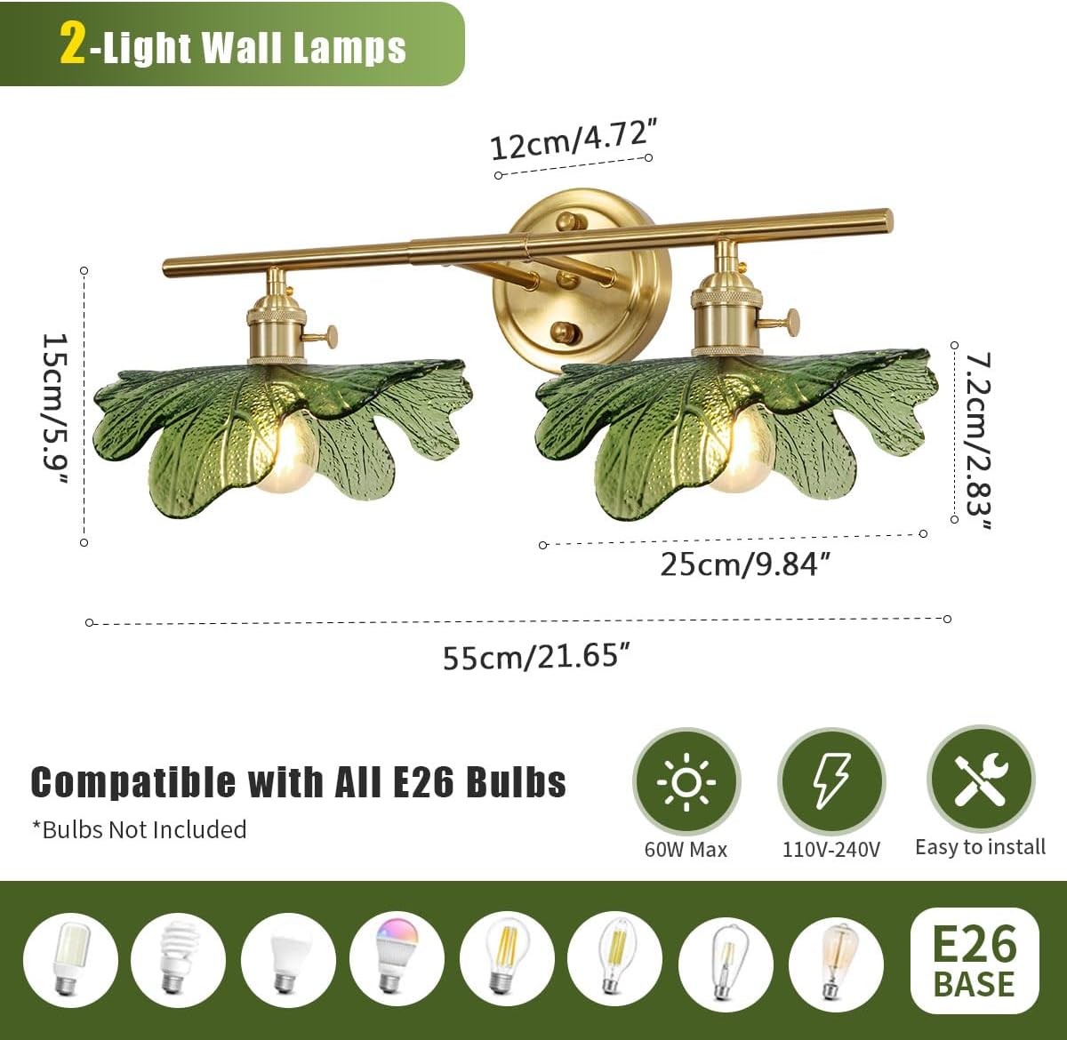 Green Bathroom Lighting Fixtures Over Mirror, Vintage Wall Sconces with Glass Shade Flower Vanity Lights Mid Century Wall Sconce Light Gold Wall Lighting for Bedroom Living Room Hallway