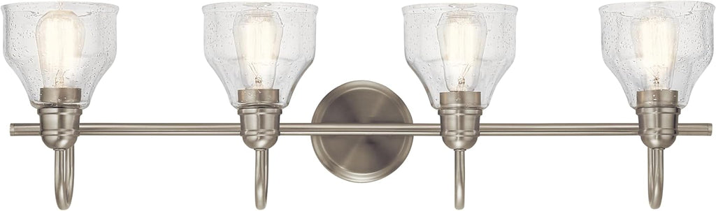 Kichler Avery 33.25' 4 Light Bathroom Vanity Light in Brushed Nickel, Vintage Bathroom Wall Mount Fixture with Clear Seeded Glass, (33.25' W x 9.25' H), 45974NI