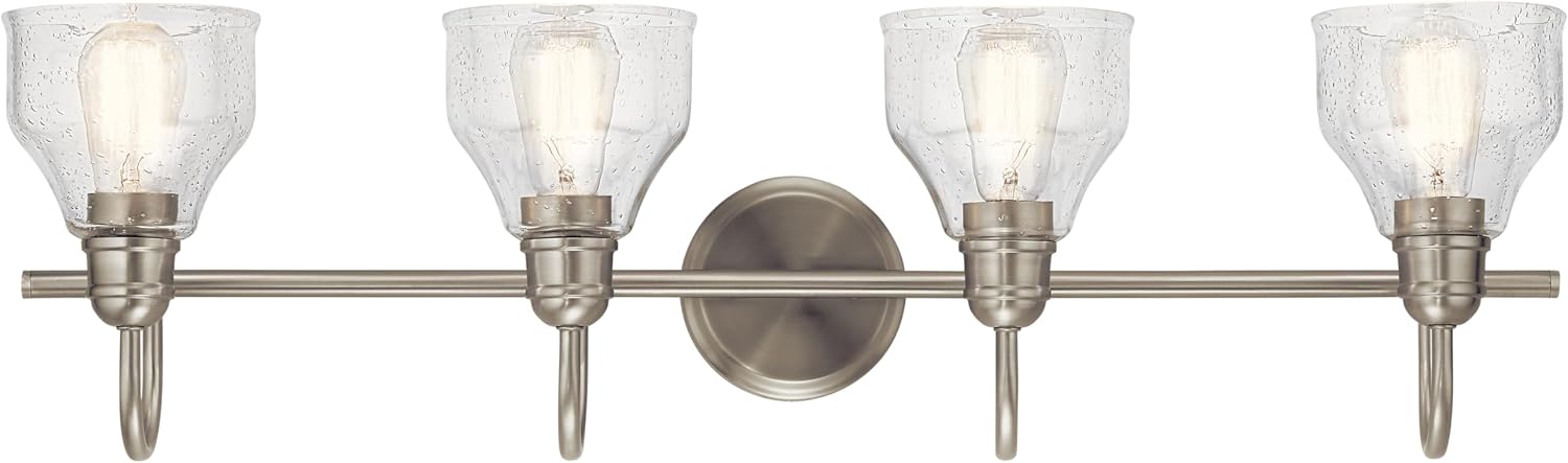 Kichler Avery 33.25' 4 Light Bathroom Vanity Light in Brushed Nickel, Vintage Bathroom Wall Mount Fixture with Clear Seeded Glass, (33.25' W x 9.25' H), 45974NI