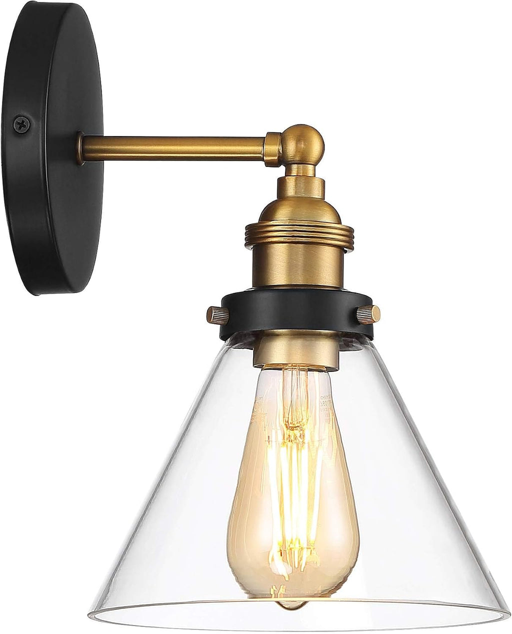 360 Lighting Burke Modern Industrial Wall Light Sconces Set of 2 Black and Brass Hardwire 7 1/4' Fixture Clear Glass Cone Shade for Bedroom Bathroom Bedside Vanity Living Room Home Hallway