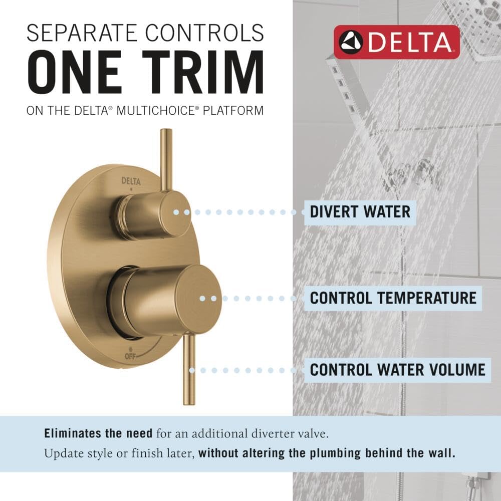 Delta Modern 14 Series Round Rain Shower System Faucet Set, Rainfall Brushed Gold Shower Head and Handle Set, Valve Trim Kit, 10 Inch, Champagne Bronze 342702-CZ
