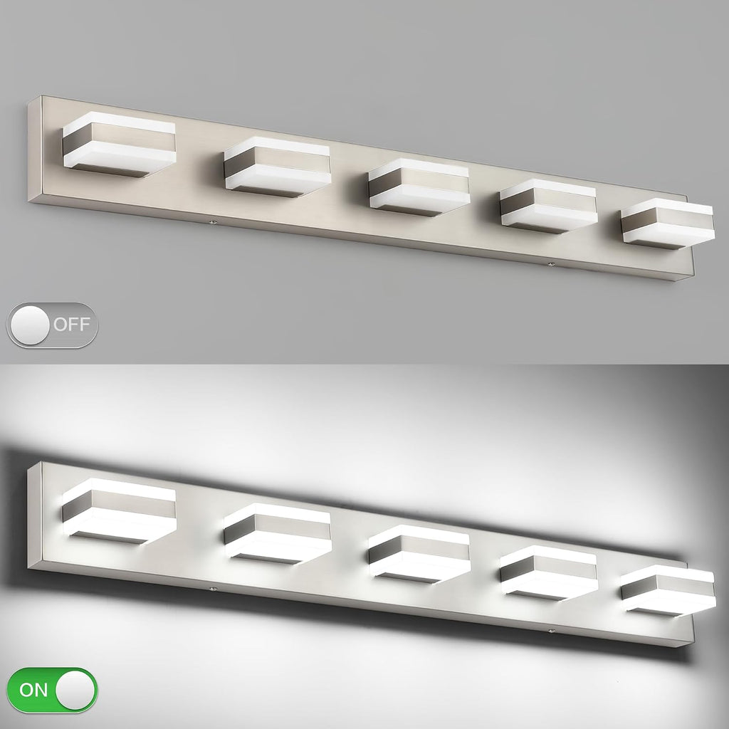 SOLFART Bathroom Brushed Nickel Bathroom Light Fixture, Vanity Lights Over Mirror, 5 Light Led Lights for Bathrooms,5 Color Temperature Adjustable Vanity Lights for Bath Nickel