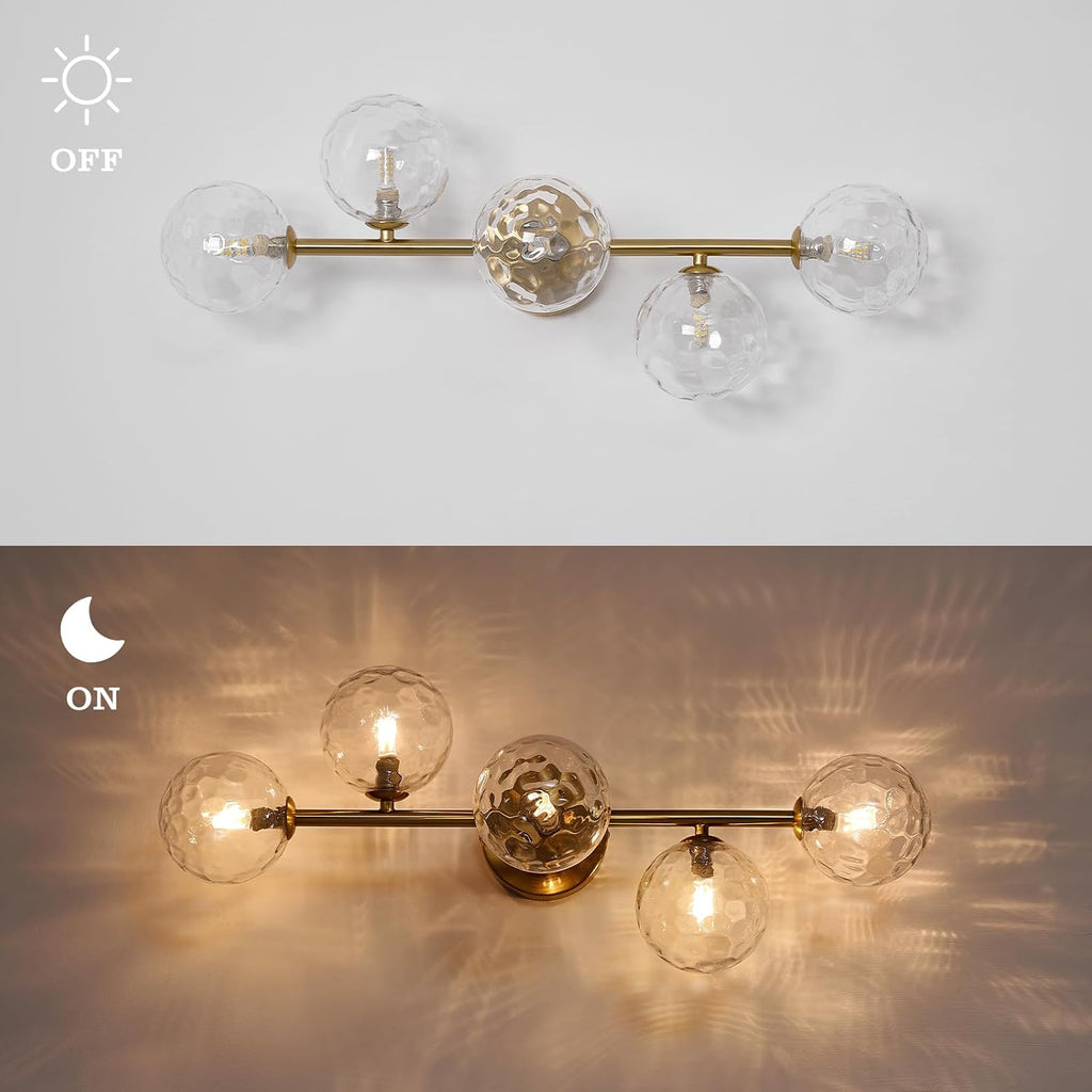 Bathroom Vanity Mirror Light Fixtures: Dimmable 5 Lights Bath Wall Sconce Lighting - Brass Gold Vanity Lights with Hammered Clear Glass Shade - Modern Minimalist Makeup Light Above Mirror G9 Base