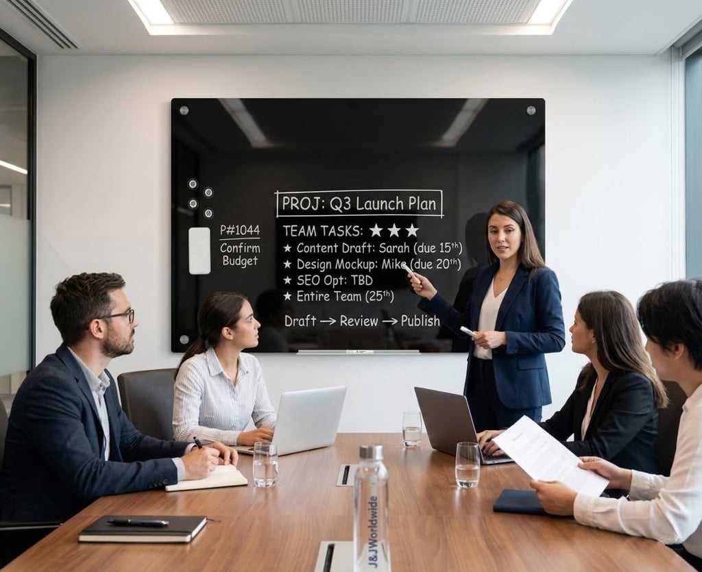 Magnetic Glass Whiteboard, Black Glass Dry Erase Board 4' x 3', Tempered Glass White Board Frameless, Home School Supplies or Home Office Decor with Magnets, Markers, Eraser, Marker Tray