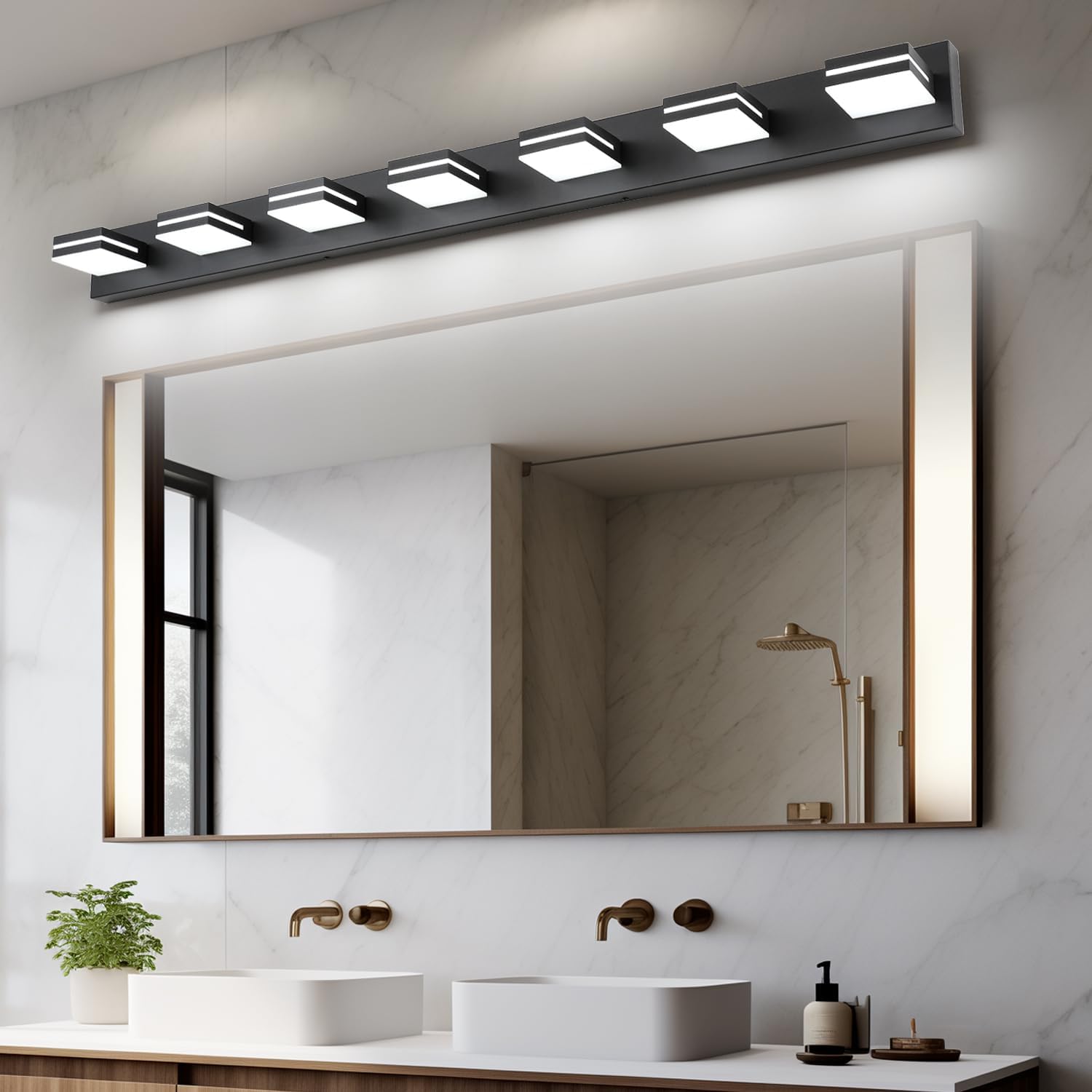 SineRise LED Modern Bathroom Vanity Light Fixtures (7-Light, 55-Inch), Matte Black Modern Acrylic Bathroom Wall Lighting Fixtures Over Mirror (Cool White 6000K)