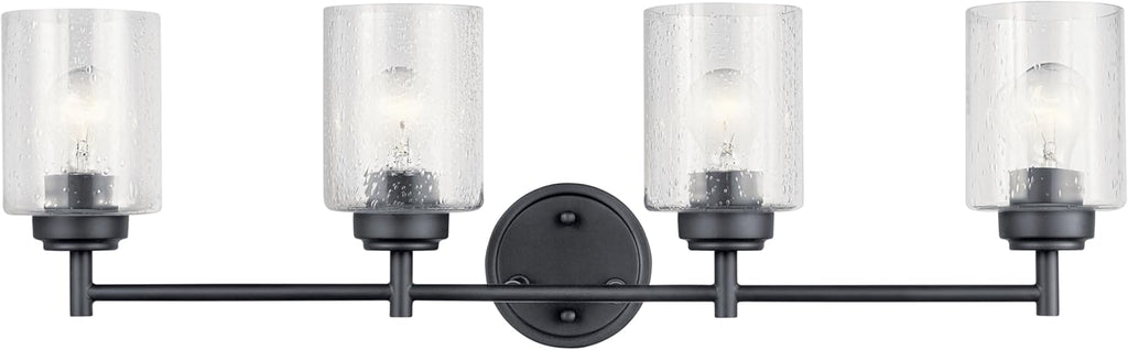 Kichler Winslow 30' 4-Light Bathroom Vanity Light Fixture with Clear Seeded Glass in Black, Modern Industrial Style for Bathroom and Powder Room, (30' x 9.25' x 6.5'), 45887BK