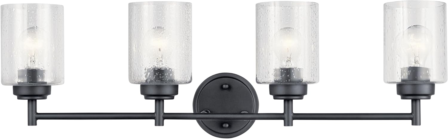 Kichler Winslow 30' 4-Light Bathroom Vanity Light Fixture with Clear Seeded Glass in Black, Modern Industrial Style for Bathroom and Powder Room, (30' x 9.25' x 6.5'), 45887BK