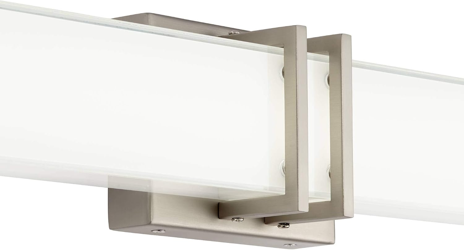Possini Euro Design Exeter Modern Art Deco Wall Mount Light LED Brushed Nickel Silver Metal 17' Wide Vanity Fixture Rectangular Silk Screened Glass Shade Decor for Bathroom Over Mirror House Home