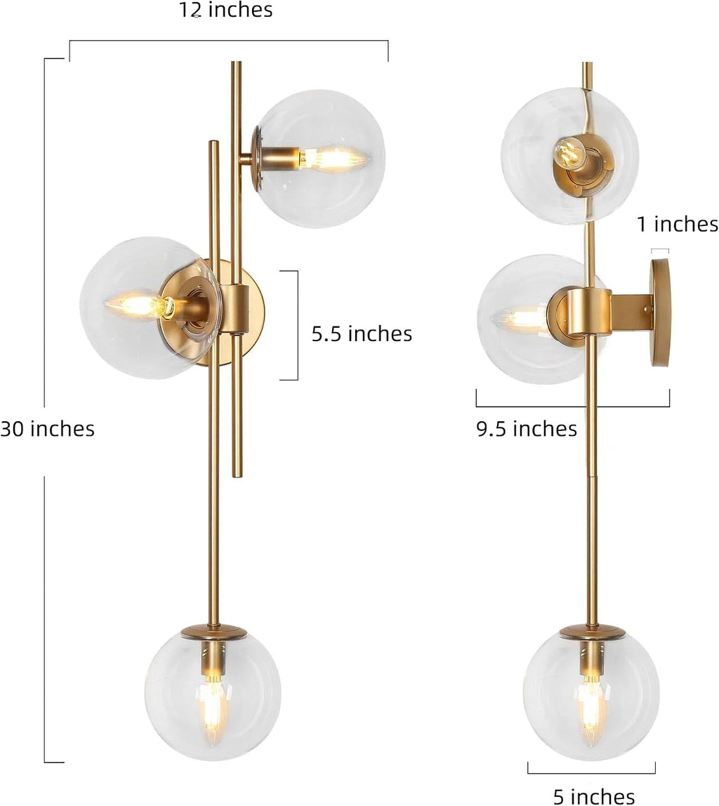 KSANA Gold Sconces Wall Lighting, Modern 3-Light Bathroom Vanity Light Fixtures with Globe Clear Glass Shade Over Mirror or Beside for Hallway, Bedroom, Living Room and Kitchen