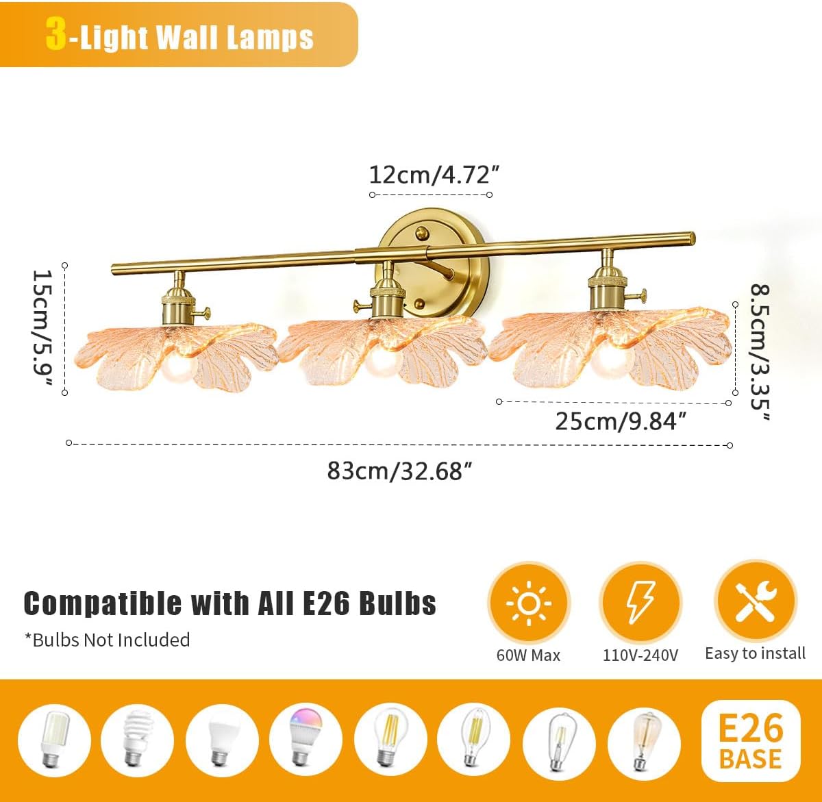3 Light Bathroom Vanity Lighting, Gold Brass Wall Mount Light with Amber Flower Petal Glass Shade, Mid Century Vanity Lights Over Mirror for Living Room Hallway