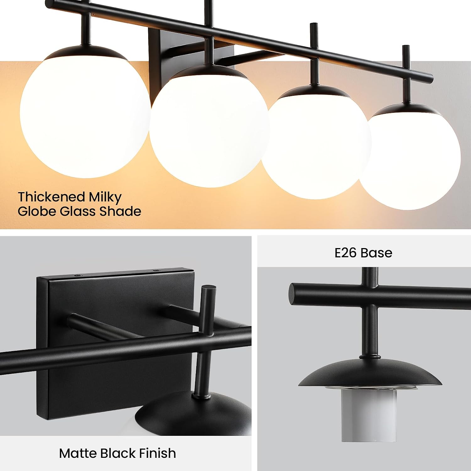 AIJIASI Bathroom Lighting Fixtures Over Mirror, 4-Light Matte Black Vanity Light, 30.7 Inch Modern Bathroom Light Fixtures with Milky White Glass Globe Shade Bath Vanity Lighting Fixtures Wall Sconce