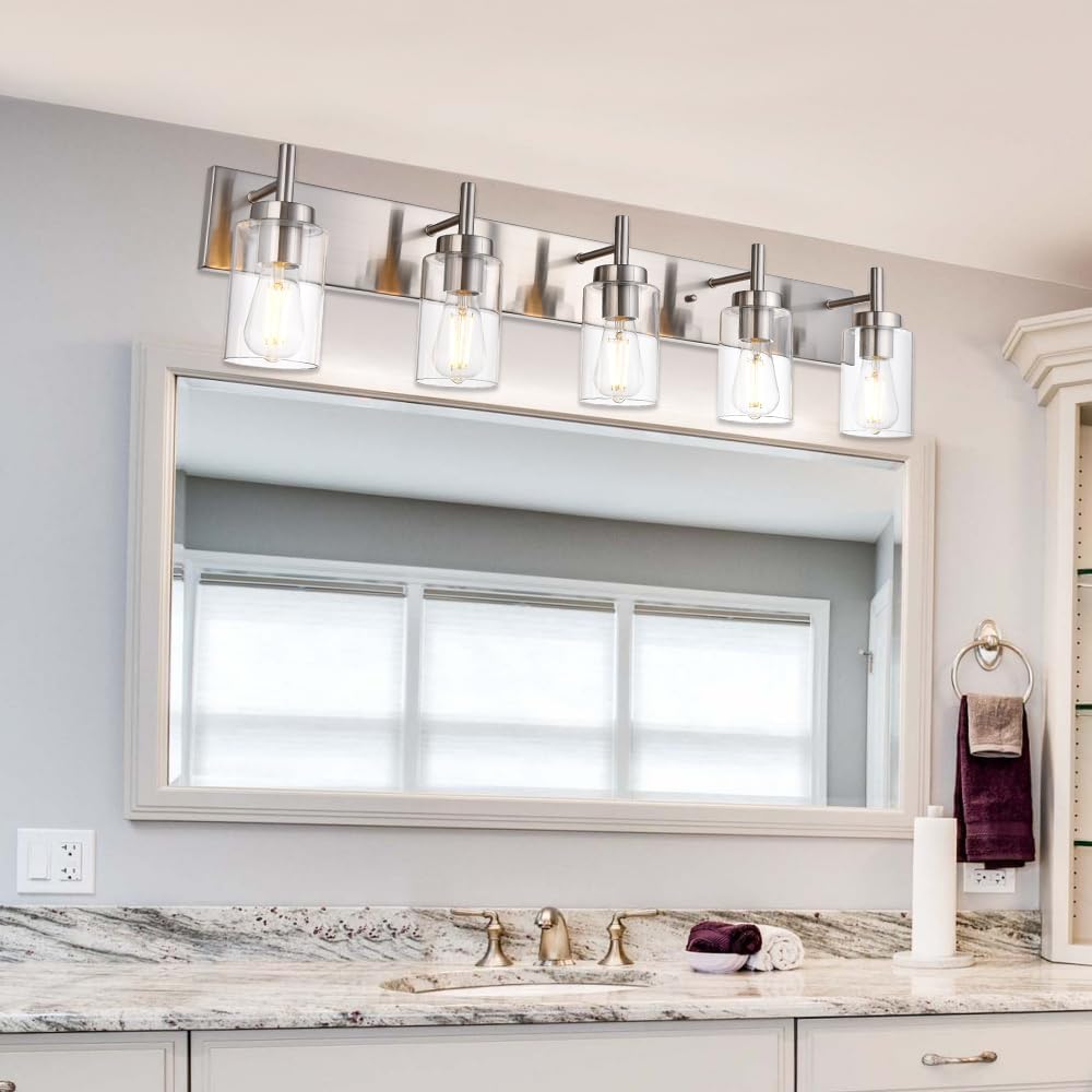 5 Lights Bathroom Vanity Light Fixture Brushed Nickel Sconces Wall Lighting Modern Industrial Indoor Wall Mounted Lamp for Kitchen Living Room Dining Room (Patent No.: US D958,438 S)