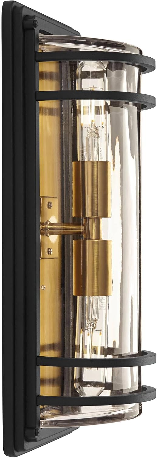 John Timberland Habitat Modern Industrial Wall Light Sconces Set of 2 Black Warm Brass Hardwire 7 1/2' Fixture Clear Glass Shade for Bedroom Bathroom Bedside Vanity Living Room Home Hallway