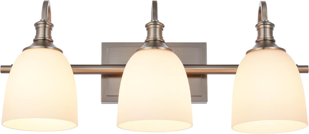 3 Light Brushed Nickel Vintage Bathroom Vanity Light Fixtures | Vintage, 3-light Bathroom vanity light, living room light, over mirror, over table, Brushed Nickel