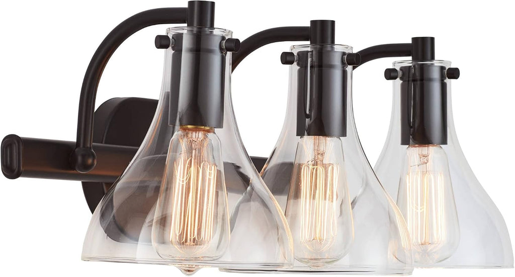 Possini Euro Design Sorren Industrial Modern Wall Light Black Metal Hardwired 20 1/2' 3-Light Fixture Curving Clear Glass Shade for Bedroom Bedside Bathroom Vanity Living Room Hallway Dining House