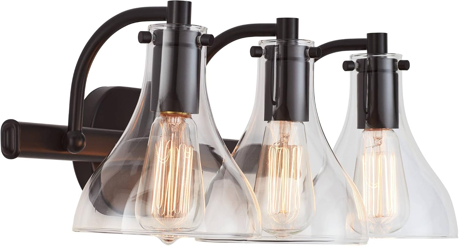 Possini Euro Design Sorren Industrial Modern Wall Light Black Metal Hardwired 20 1/2' 3-Light Fixture Curving Clear Glass Shade for Bedroom Bedside Bathroom Vanity Living Room Hallway Dining House