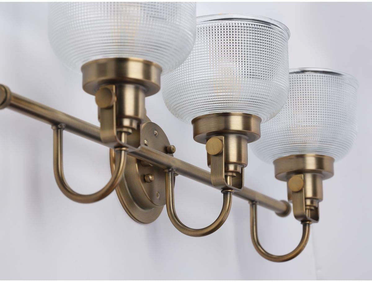 Progress Lighting P2992-163 Archie Collection Clear Double Prismatic Glass Coastal Bath Vanity, 3-Light, Vintage Brass