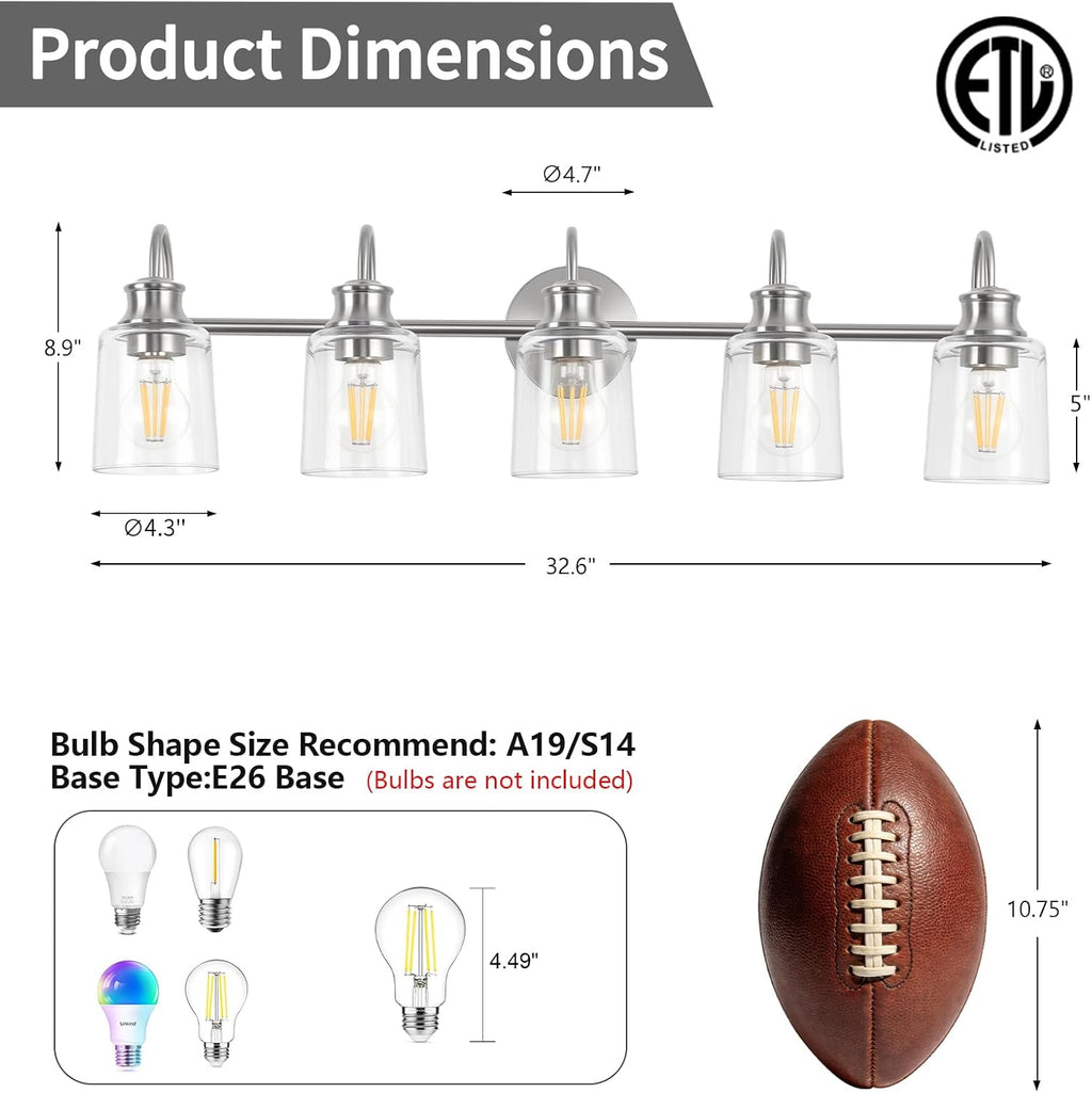 5 Lights Bathroom Light Fixtures Modern Brushed Nickel Vanity Lights for Bathroom Lighting Fixtures Over Mirror with Clear Glass Shade for Cabinet Mirror Bedroom Hallway