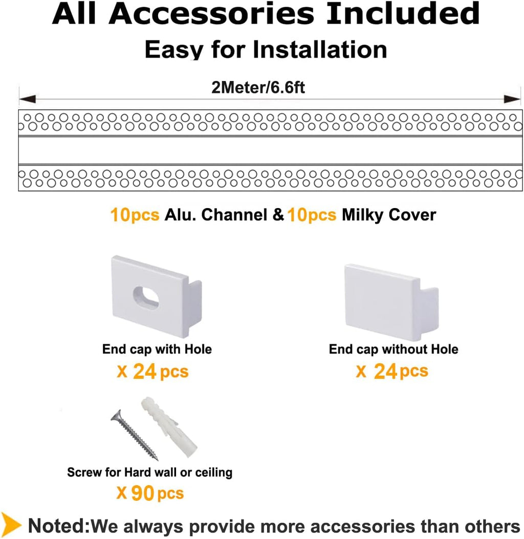 hunhun 10-Pack 6.6ft/2Meter Drywall LED Aluminum Channel System with Milky Cover, End Caps and Mounting Clips, Aluminum Profile for LED Strip Light Installations (Double-Edge-6.6ft, 10)