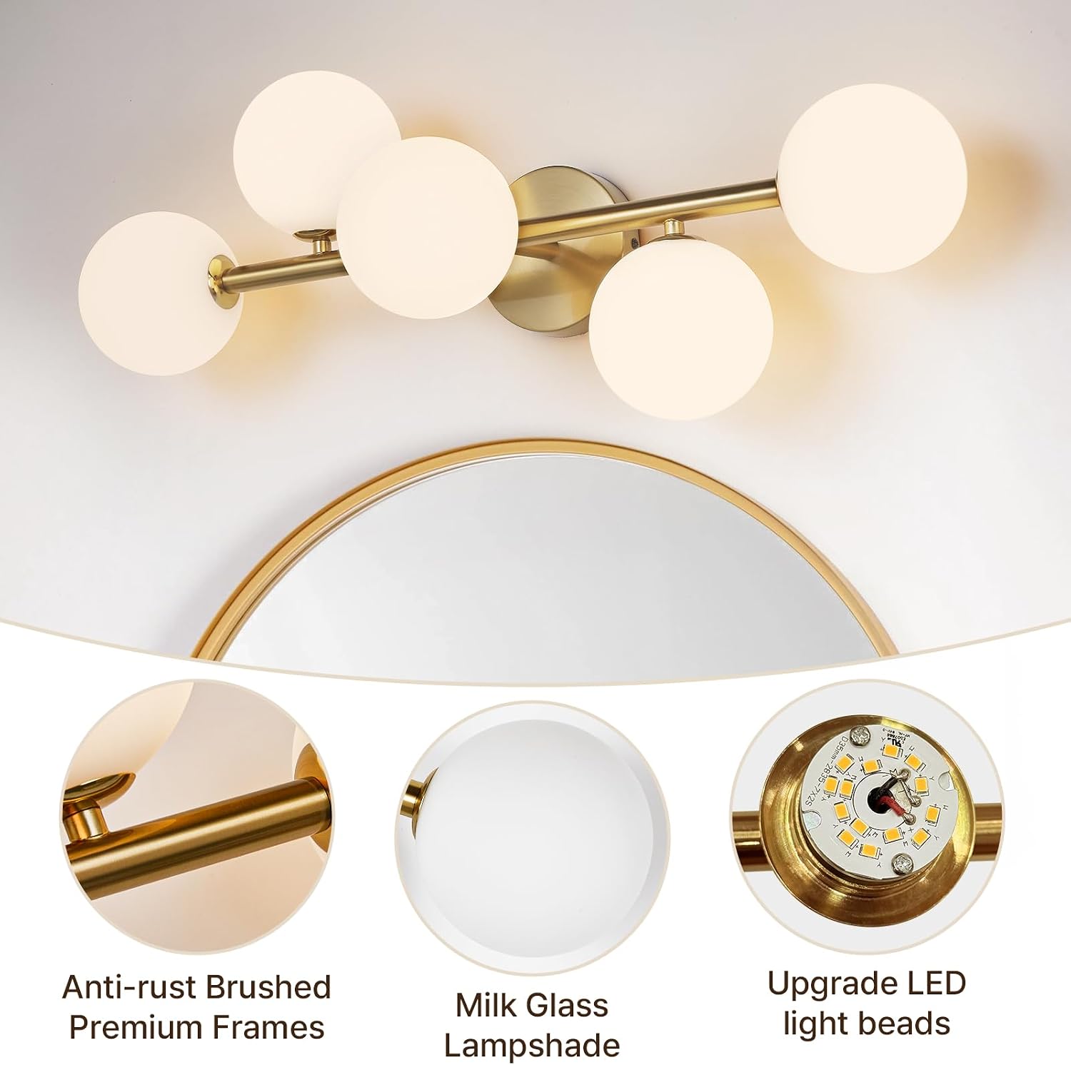Bathroom Light Fixtures, Brushed Gold Bathroom Vanity Light Over Mirror with Milk White Glass Shades, Dimmable LED Wall Sconces for Hallway, Entryway, Living Room, Bedside, Staircase
