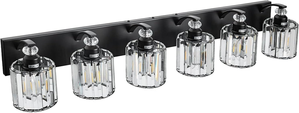 6-Light Black Bathroom Light Fixture Modern Vanity Lights Over Mirror Vintage Wall Sconce Lighting for Bathroom, Bedroom, Living Room, Hallway E26 Base with Crystal Bathroom Vanity Light