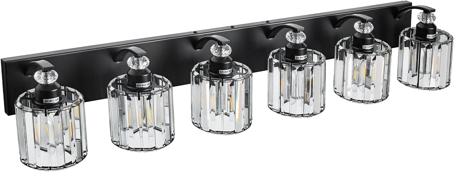 6-Light Black Bathroom Light Fixture Modern Vanity Lights Over Mirror Vintage Wall Sconce Lighting for Bathroom, Bedroom, Living Room, Hallway E26 Base with Crystal Bathroom Vanity Light