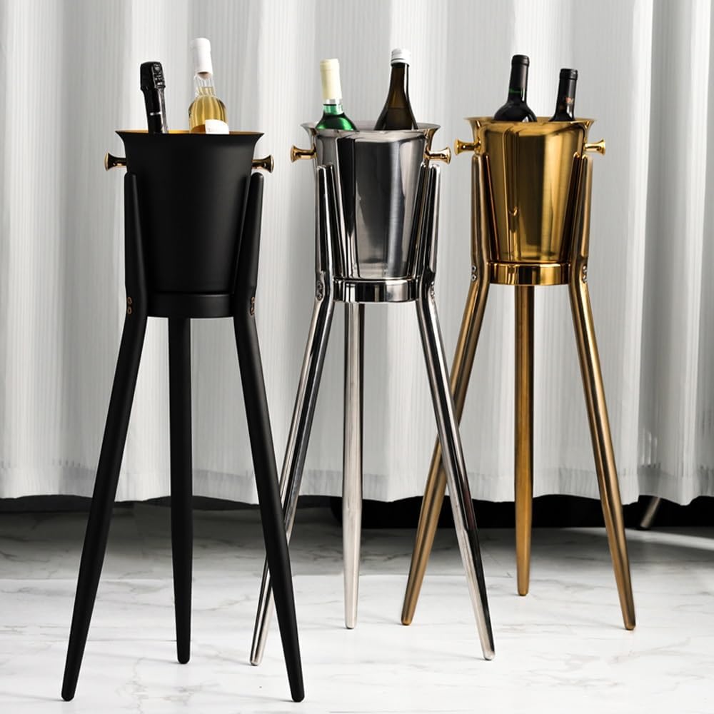 Ice Bucket, Ice Bucket for Parties, Stainless Steel Wine Cooler with Stand - Handles - Tall Ice Bucket Stand for Party Bar Wedding Club BBQ Home(Black)