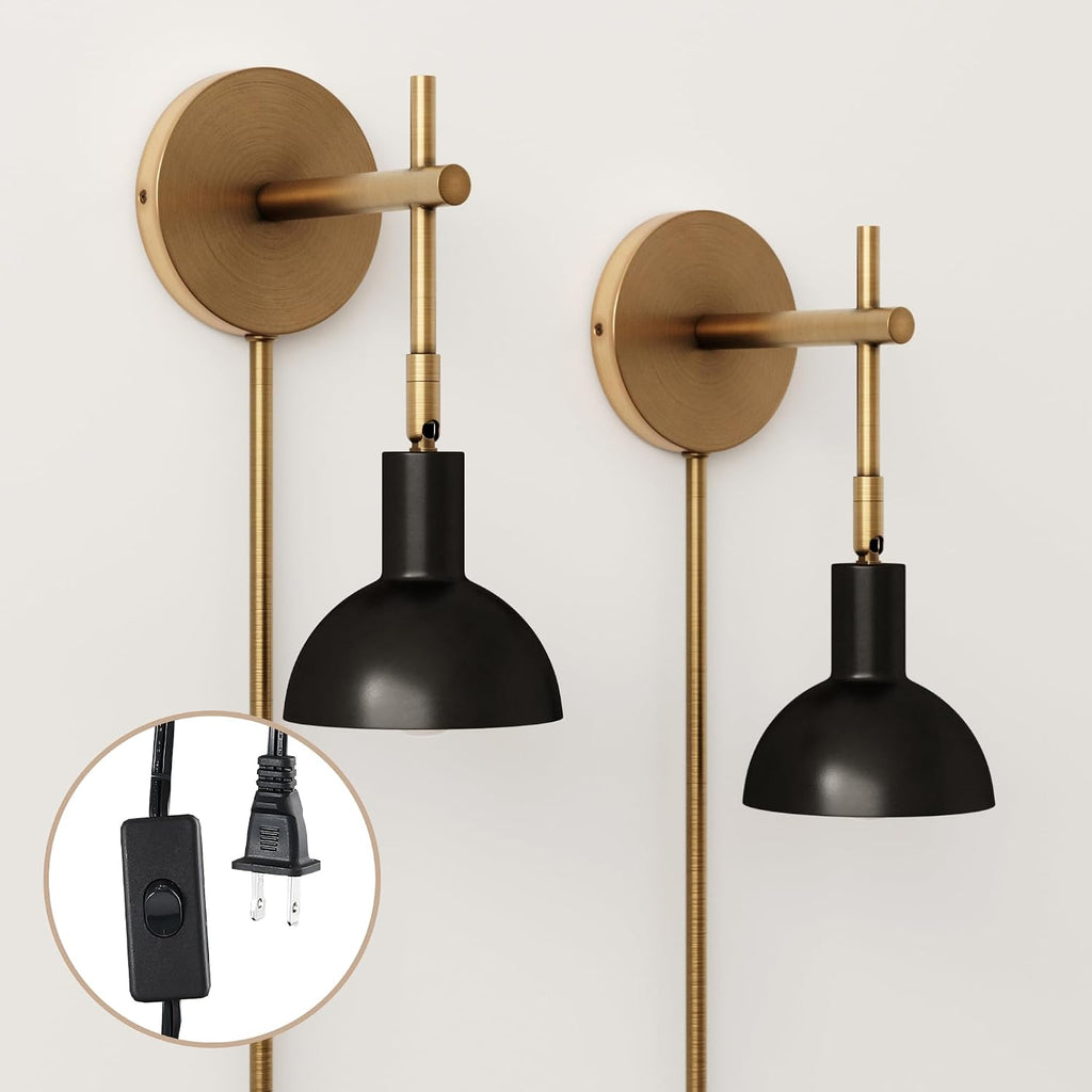Nathan James Tamlin Wall Light Fixture, Wall Mounted 1-Light Lamp, Plugin Sconce with On/Off Switch for Living Room, Reading Nook or Bedroom, Vintage Brass/Matte Black, Set of 2