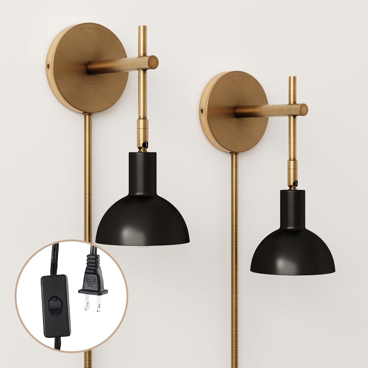 Nathan James Tamlin Wall Light Fixture, Wall Mounted 1-Light Lamp, Plugin Sconce with On/Off Switch for Living Room, Reading Nook or Bedroom, Vintage Brass/Matte Black, Set of 2