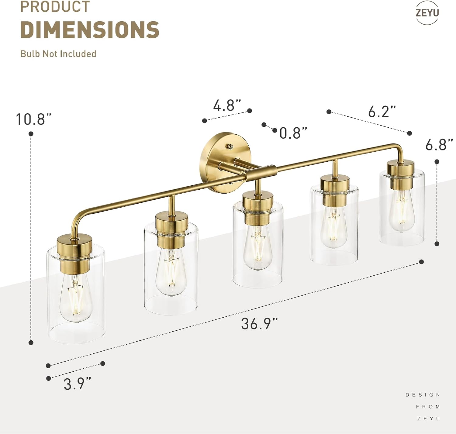 zeyu 5 Light Sconces Wall Lighting, 37 Inch Bathroom Vanity Light Fixtures, Brushed Gold Finish, Clear Glass Shade, ZS62B-5W BG