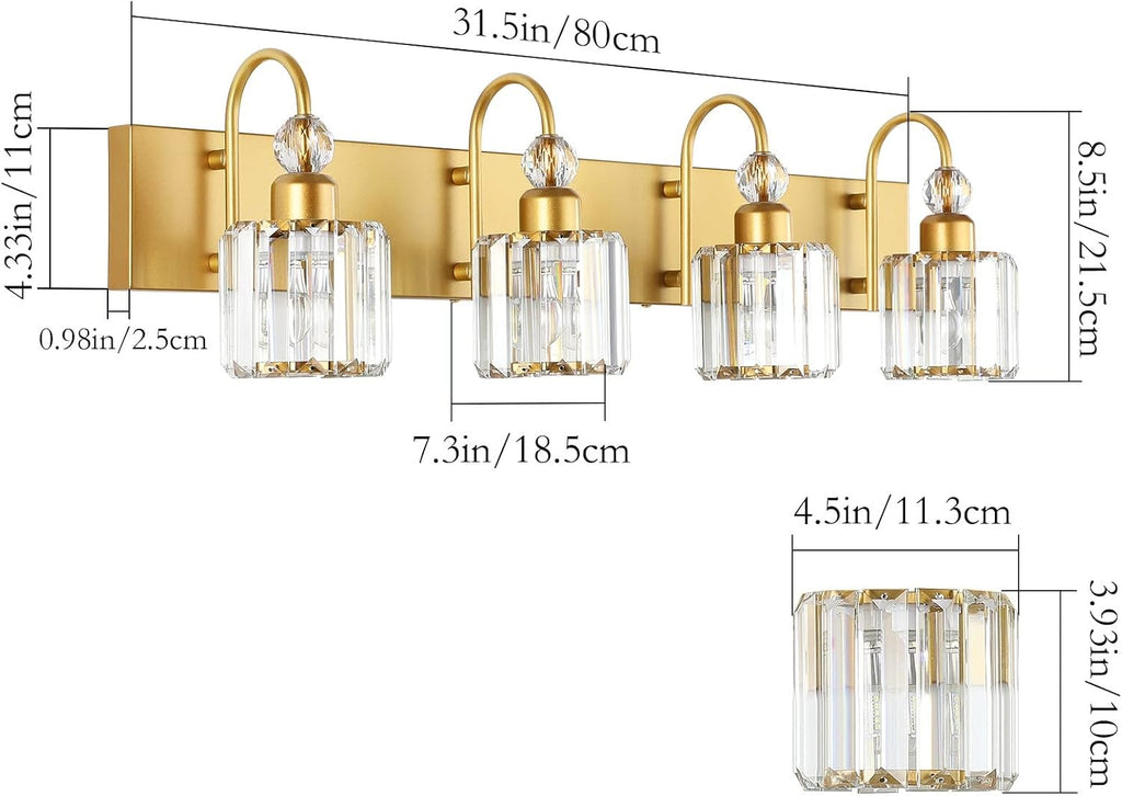 Ralbay Gold Vanity Lights 4-Lights Gold Crystal Bathroom Vanity Lights Over Mirror Modern Crystal Bathroom Wall Lighting Fixtures