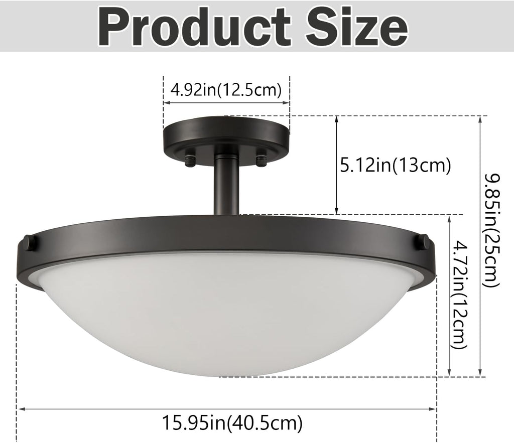 SAMTEEN Farmhouse Black Semi Flush Mount Ceiling Light Modern 3-Light Frosted Glass Ceiling Light Fixtures Matte Black Flush Mount Light for Hallway Bedroom Kitchen Bathroom, 16-Inch
