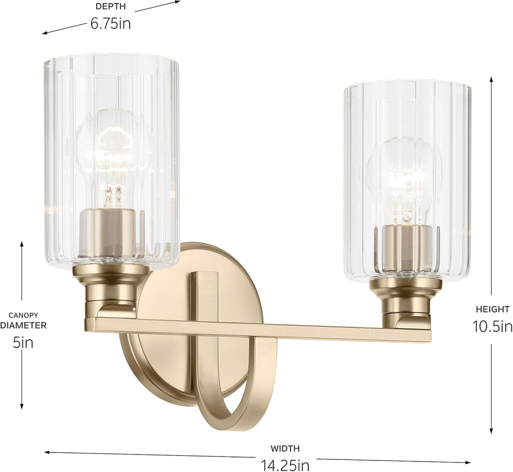 Kichler Gioe 2-Light Vanity Light Fixture 14.25' Bathroom Light with Clear Fluted Glass in Champagne Bronze for Bathroom Vanity Over Mirror (14.25' W x 10.5' H), 55225CPZFLU
