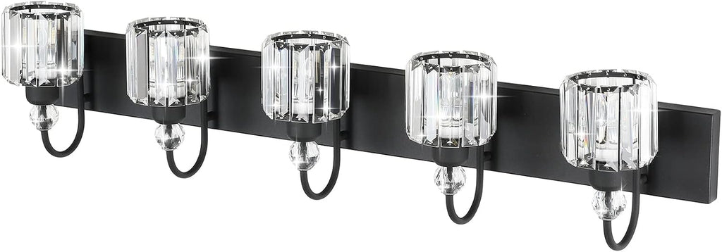 Ralbay Modern Crystal Black 5-Light Bathroom Vanity Light, Matte Black Crystal Bath Wall Light Fixtures