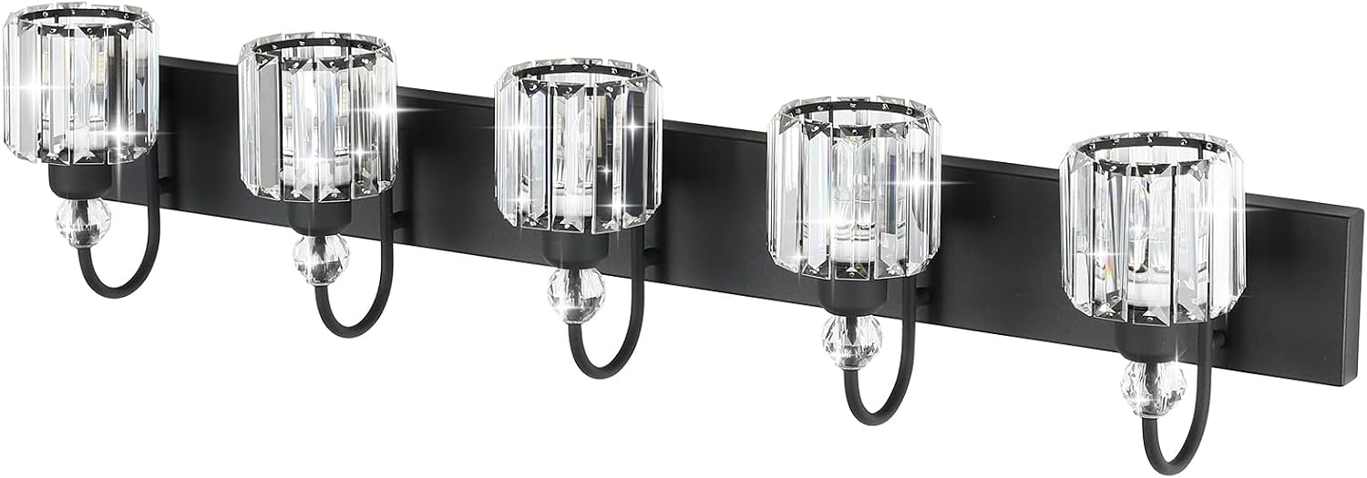 Ralbay Modern Crystal Black 5-Light Bathroom Vanity Light, Matte Black Crystal Bath Wall Light Fixtures