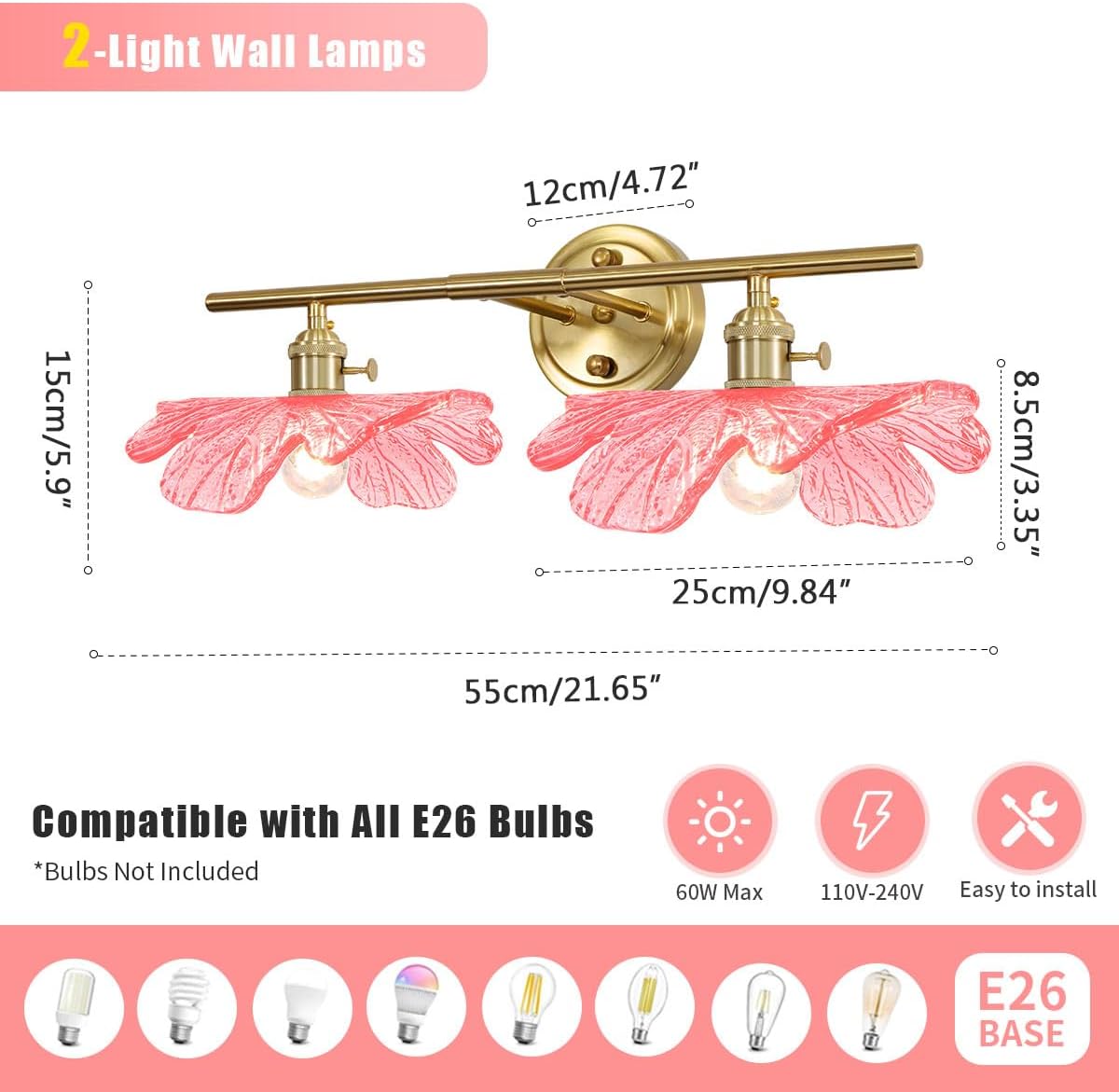 Pink Glass Wall Sconce Light Gold Brass Bathroom Vanity Lights | 2 Light, Bathroom Lights Over Mirror, Vintage, MCM, Grils Room,Bedside,Doorway, E26, Easy to Install, Wall Sconce, Wall Light