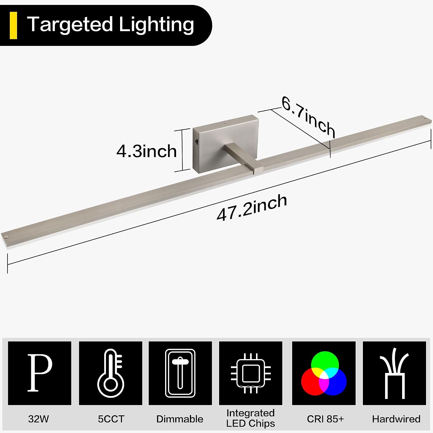 48 Inch Vanity Lights for Bathroom Over Mirror Brushed Nickel Over Cabinet Arm Extra Wide LED Bar 5CCT 2900K 6000K 32W 2560lm ETL