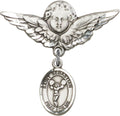 Sterling Silver Baby Badge with St. Sebastian/Cheerleading Charm and Angel w/Wings Badge Pin 1 1/8 X 1 1/8 inches