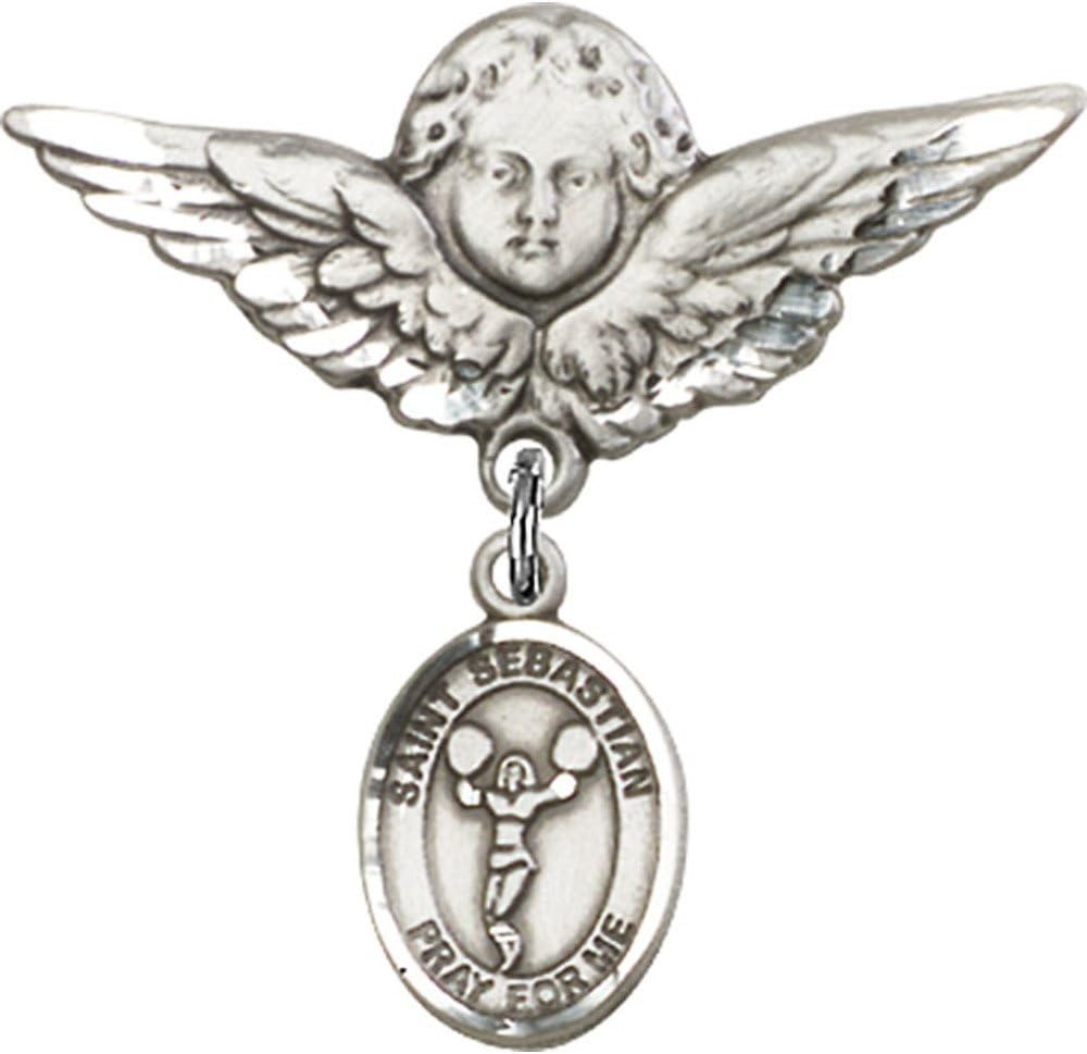 Sterling Silver Baby Badge with St. Sebastian/Cheerleading Charm and Angel w/Wings Badge Pin 1 1/8 X 1 1/8 inches