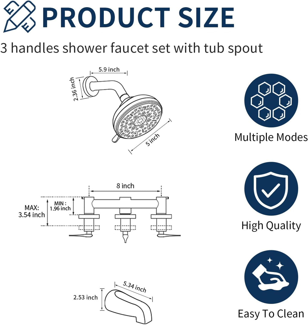 Matte Black 3 Handles Shower Faucet Set with Tub Spout Bathtub Shower Faucets Combo Set Shower System Complete Tub and Shower Trim Kit Shower Fixtures