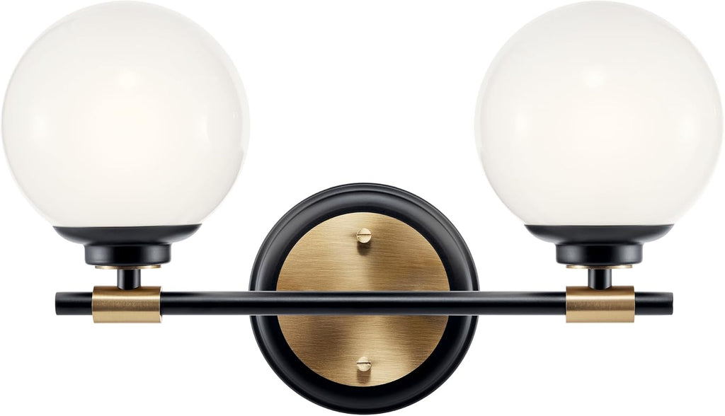 Kichler Benno 2-Light Bathroom Vanity Light Fixture with Opal Glass, Modern Black and Champagne Bronze Light for Powder Room or Bath (8.75 in x 14.75 in), 55171BKCPZ
