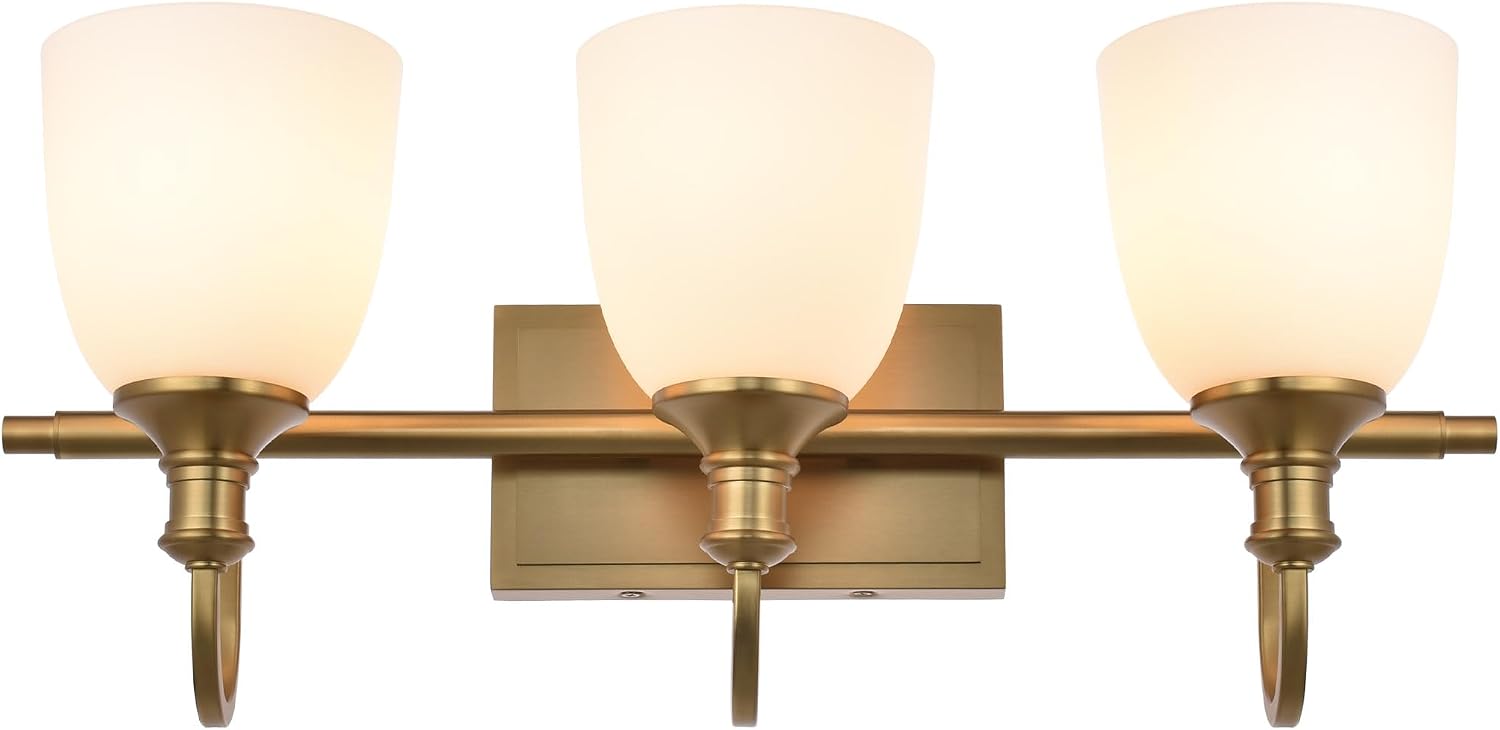 3 Light Aged Brass Vintage Bathroom Vanity Light Fixtures | Vintage, 3-light Bathroom vanity light, living room light, over mirror, over table, gold, aged brass
