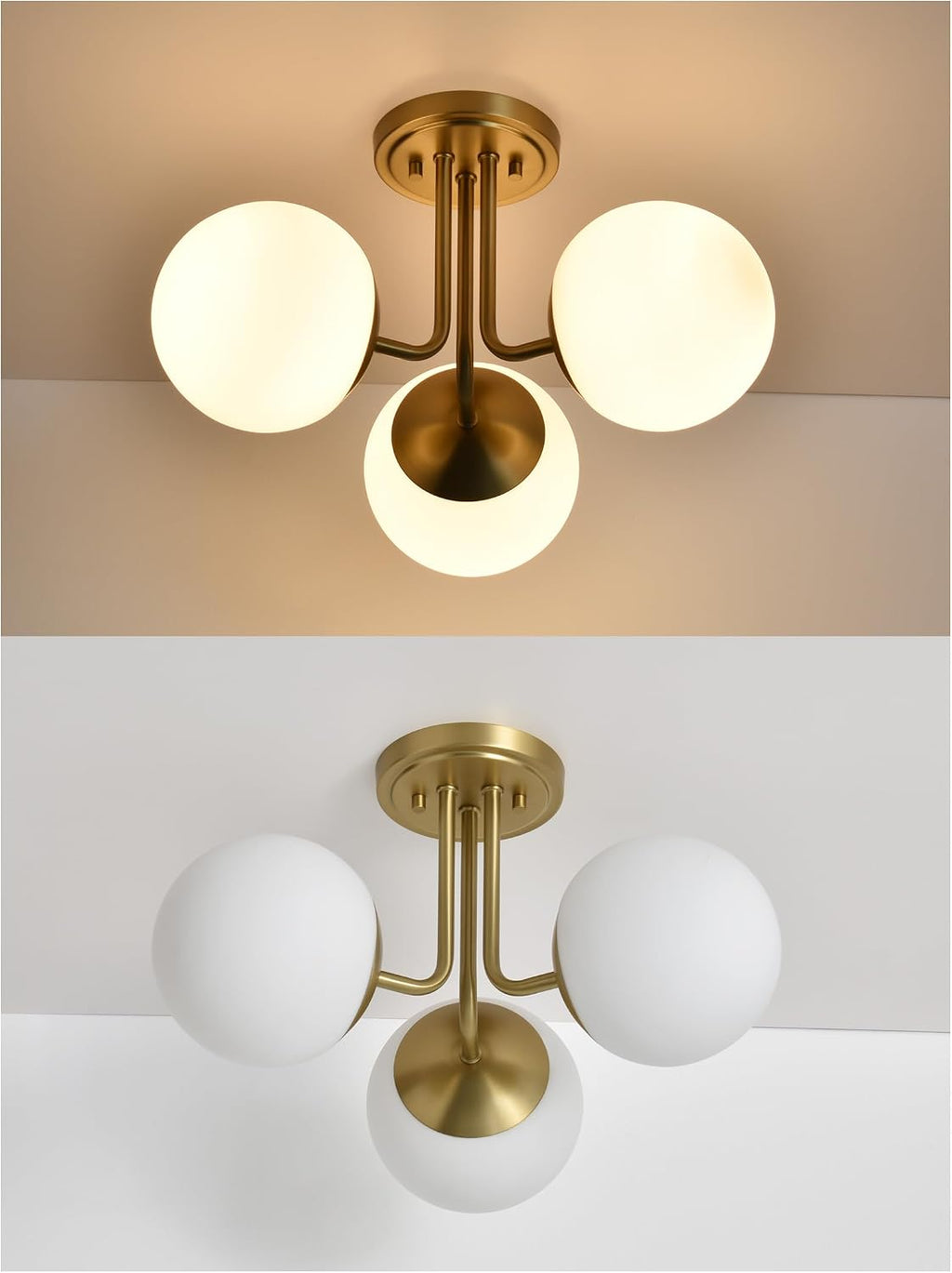3 Light Semi Flush Mount Ceiling Light Fixture Aged Brass, Modern Globe Chandelier, Sputnik Farmhouse Lighting for Kitchen Bedroom Bathroom Living Room Corridor Laundry Room Bar …