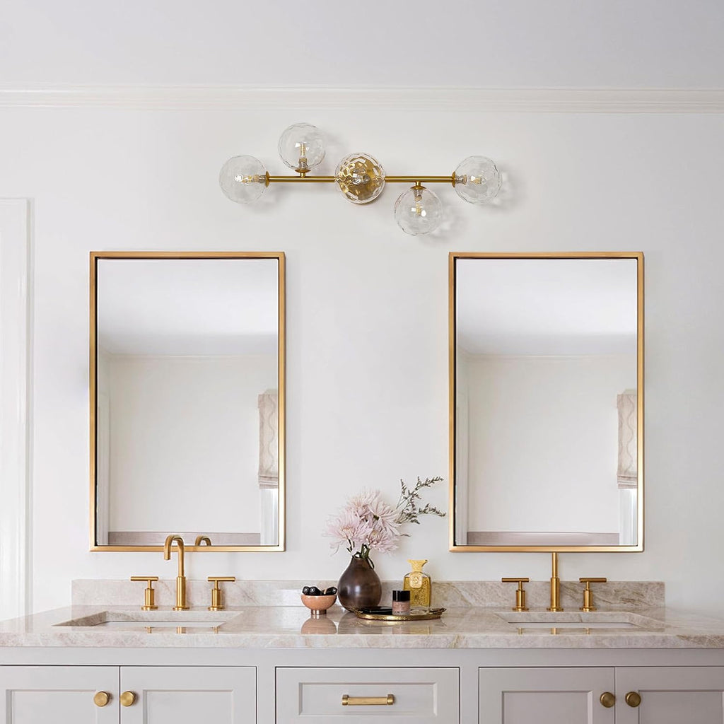 Bathroom Vanity Mirror Light Fixtures: Dimmable 5 Lights Bath Wall Sconce Lighting - Brass Gold Vanity Lights with Hammered Clear Glass Shade - Modern Minimalist Makeup Light Above Mirror G9 Base