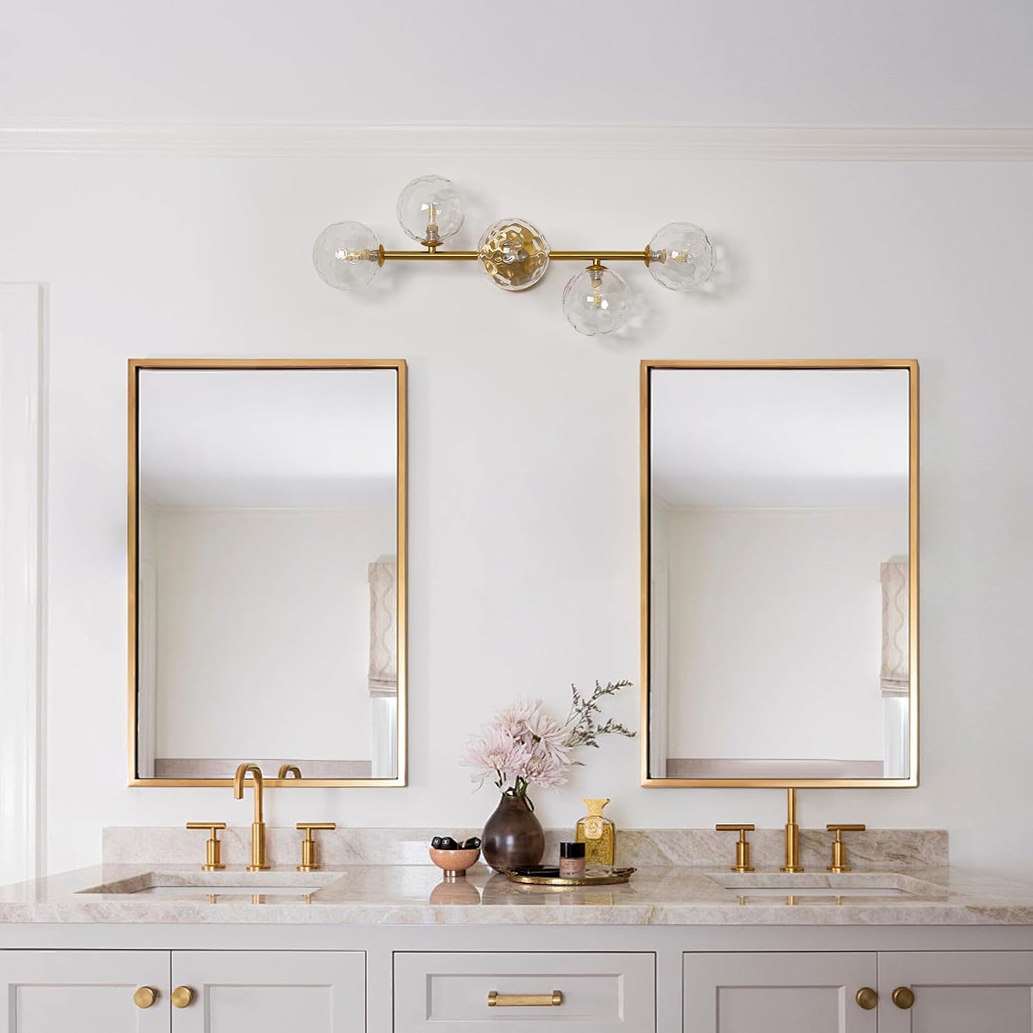 Bathroom Vanity Mirror Light Fixtures: Dimmable 5 Lights Bath Wall Sconce Lighting - Brass Gold Vanity Lights with Hammered Clear Glass Shade - Modern Minimalist Makeup Light Above Mirror G9 Base