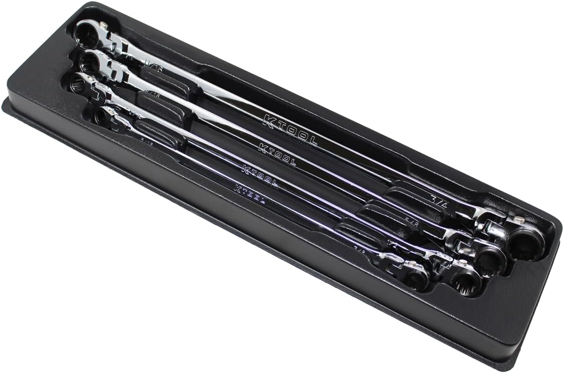 K Tool International KTIXDRF7 Extra Long Ratcheting Wrench Set, Reversible 90 Tooth Mechanism, Rotating Heads, Spline Drive Profile, Four Piece Configuration