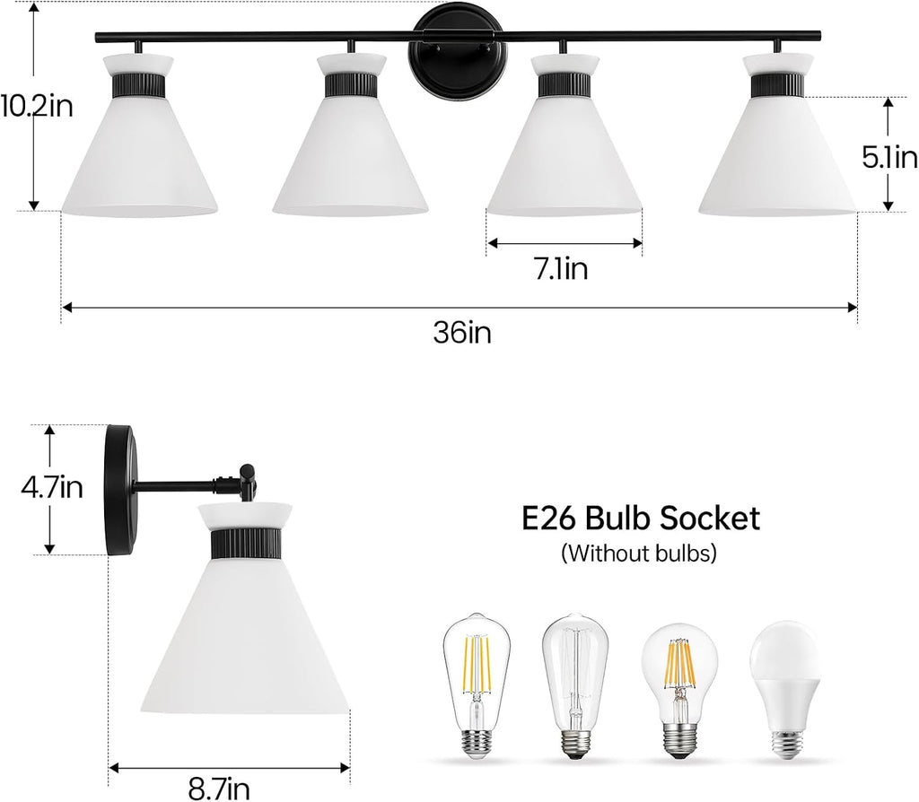 Black Bathroom Vanity Light Fixtures: Bathroom Lighting Fixtures over Mirror 36 inch with Milky White Frosted Glass, 4 Bulbs Farmhouse Vintage Vanity Lighting Bathroom Wall Light(Exclude Bulb)